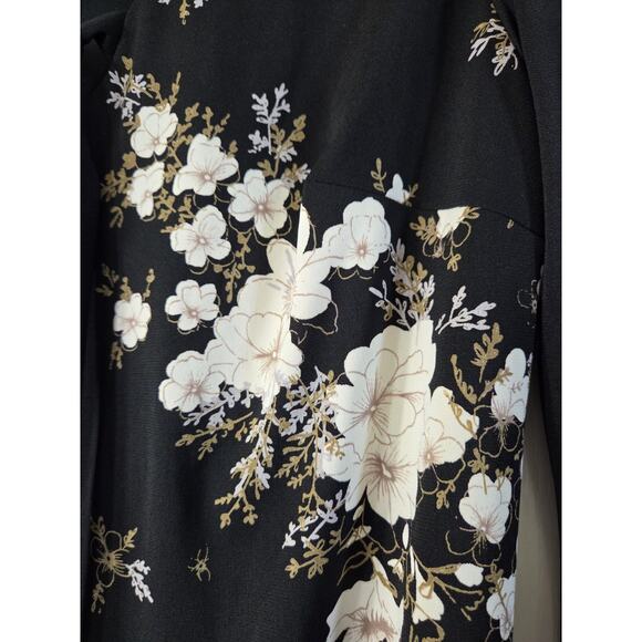 Vintage CDC Asian Floral Whimsigoth Dark Romantic Tie Neck Midi Dress, Size 10 - Picture 7 of 15